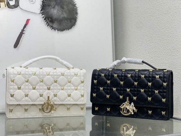 Miss Dior Mini Bag Black Cannage Lambskin with Gold-Finish Butterfly Studs