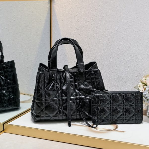 Crinkled Calfskin Medium Dior Toujours Bag- Black