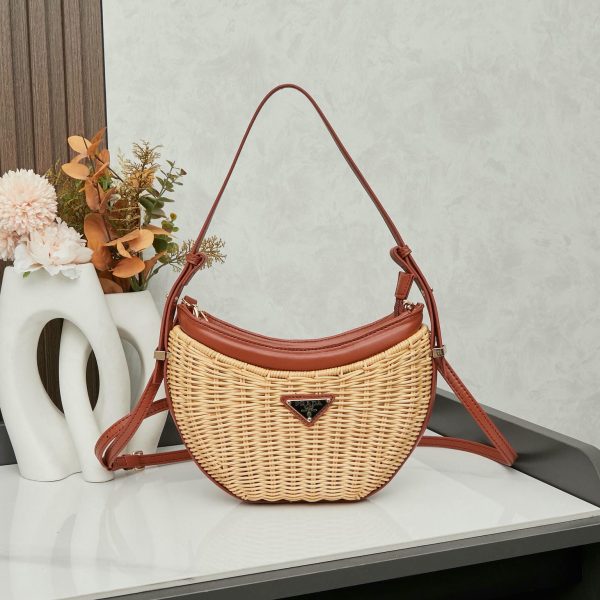 Wicker and brown leather Prada Arqué bag