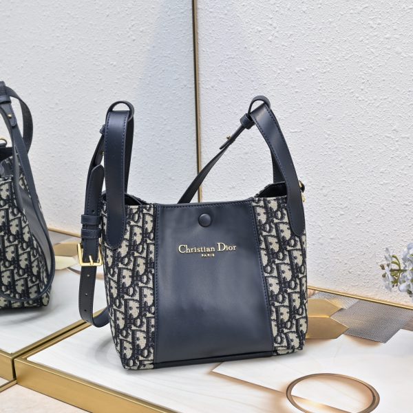 Small Signature Bucket Bag Blue Dior Oblique Jacquard and Smooth Calfskin