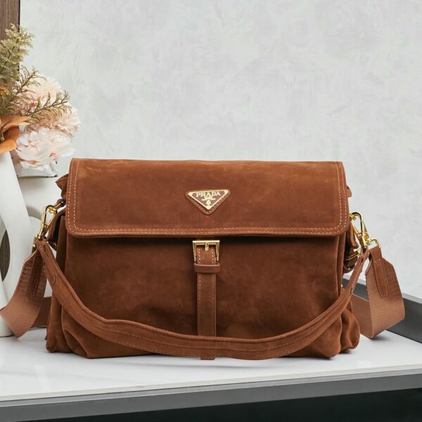 Prada Explore large suede shoulder bag with flap