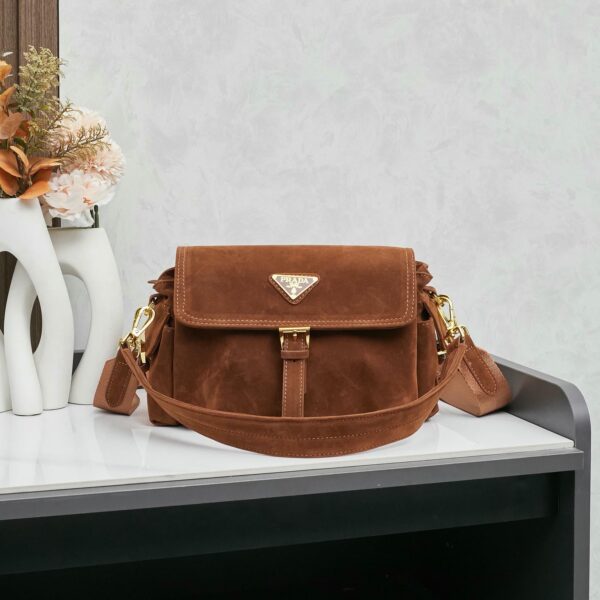Prada Explore medium suede shoulder bag with flap
