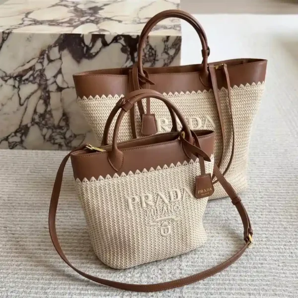 Prada Small/Medium Woven Fabric and Leather Tote Bag