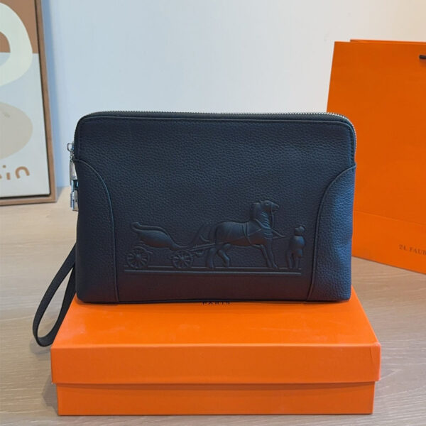 Hermès black grained leather pouch